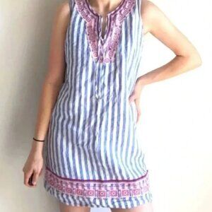 Artisan‎ NY Linen Blue Striped Embroidered Split Neck Shift Dress Small